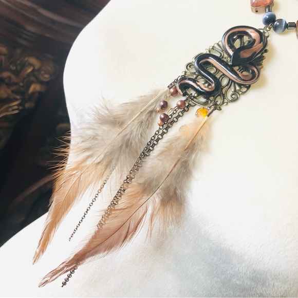 Handcrafted filigree snake Czech Pearl genuine onyx gemstone clasp necklace - Picture 10 of 12